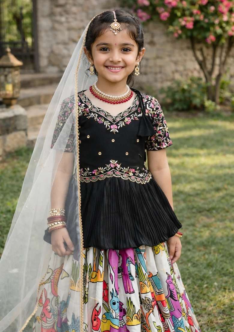 Off White Embroidered Chinon Sharara Set For Girls - Indya