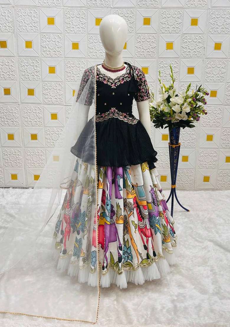 Off White Embroidered Chinon Sharara Set For Girls - Indya