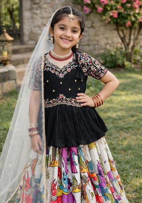 Off White Embroidered Chinon Sharara Set For Girls