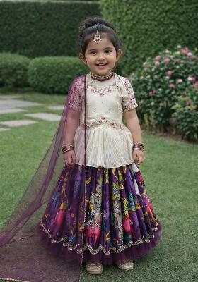 Royal Purple Embroidered Chinon Sharara Set For Girls