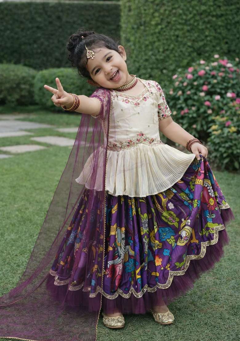 Royal Purple Embroidered Chinon Sharara Set For Girls - Indya