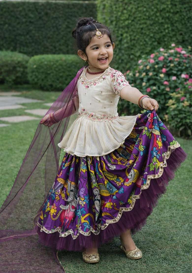 Royal Purple Embroidered Chinon Sharara Set For Girls - Indya