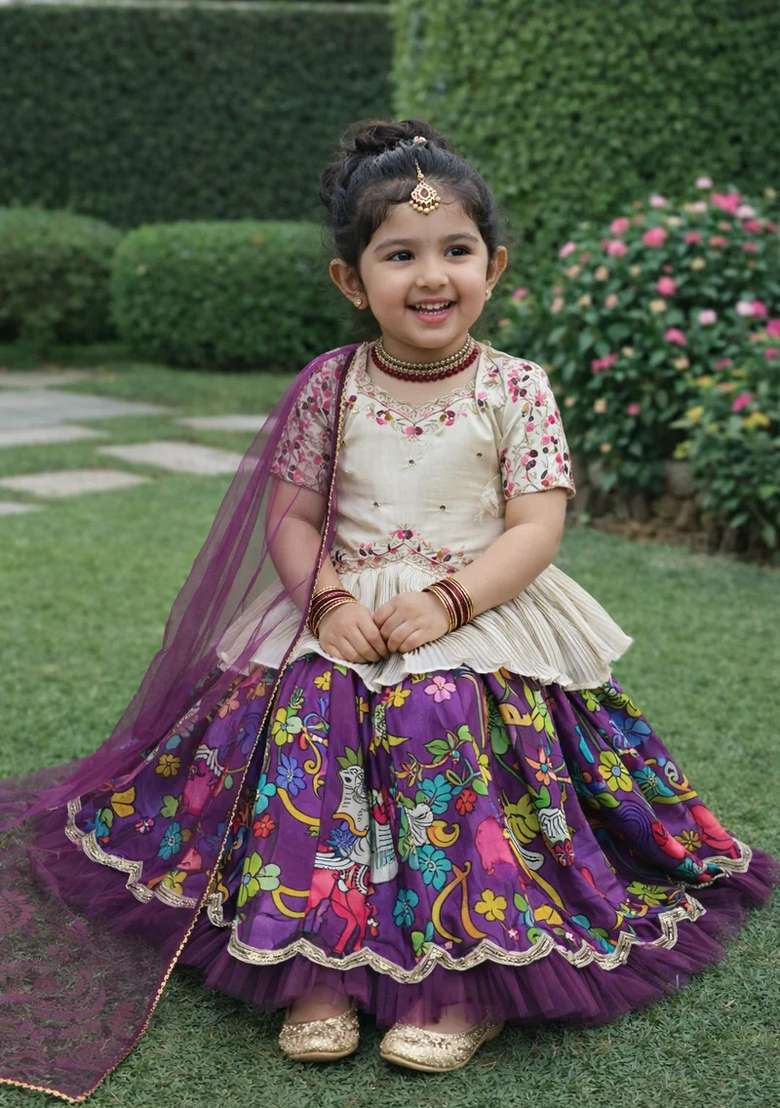 Royal Purple Embroidered Chinon Sharara Set For Girls - Indya
