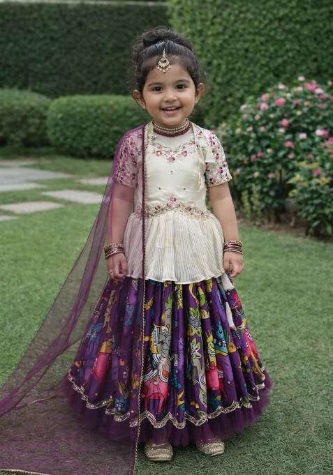 Royal Purple Embroidered Chinon Sharara Set For Girls