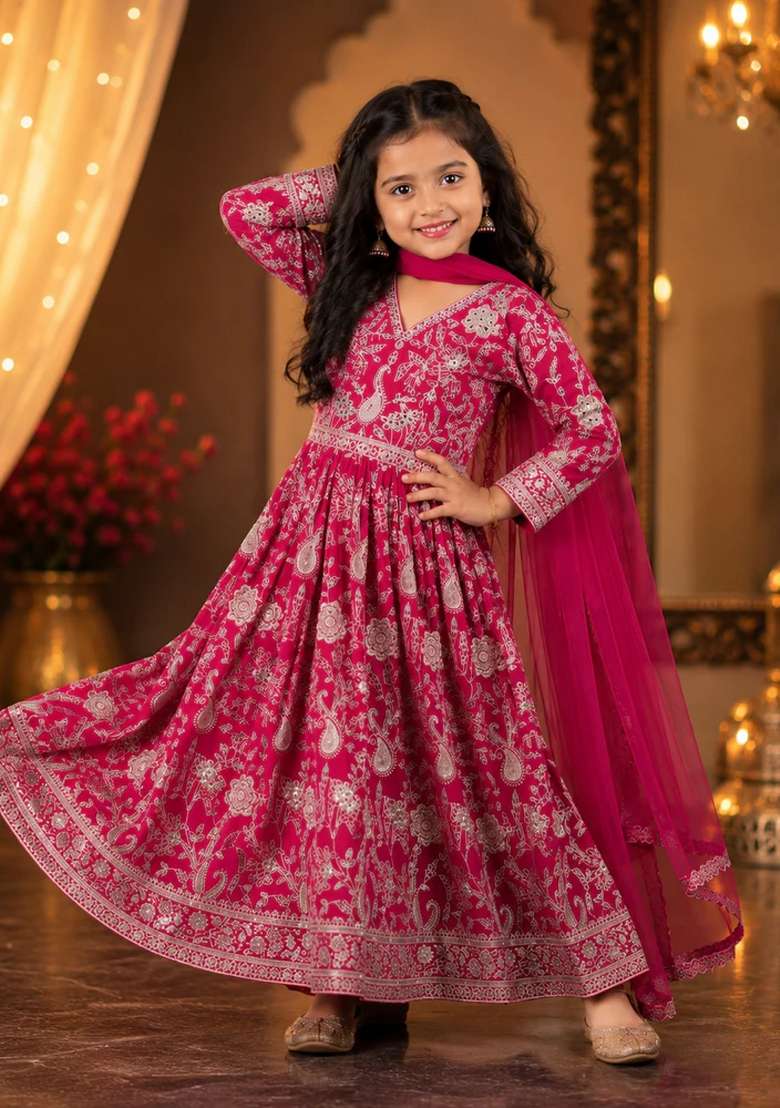 Pink Embroidered Georgette Sharara Set For Girls - Indya