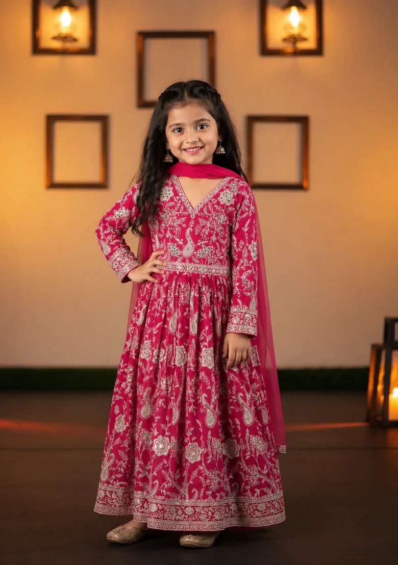 Pink Embroidered Georgette Sharara Set For Girls - Indya