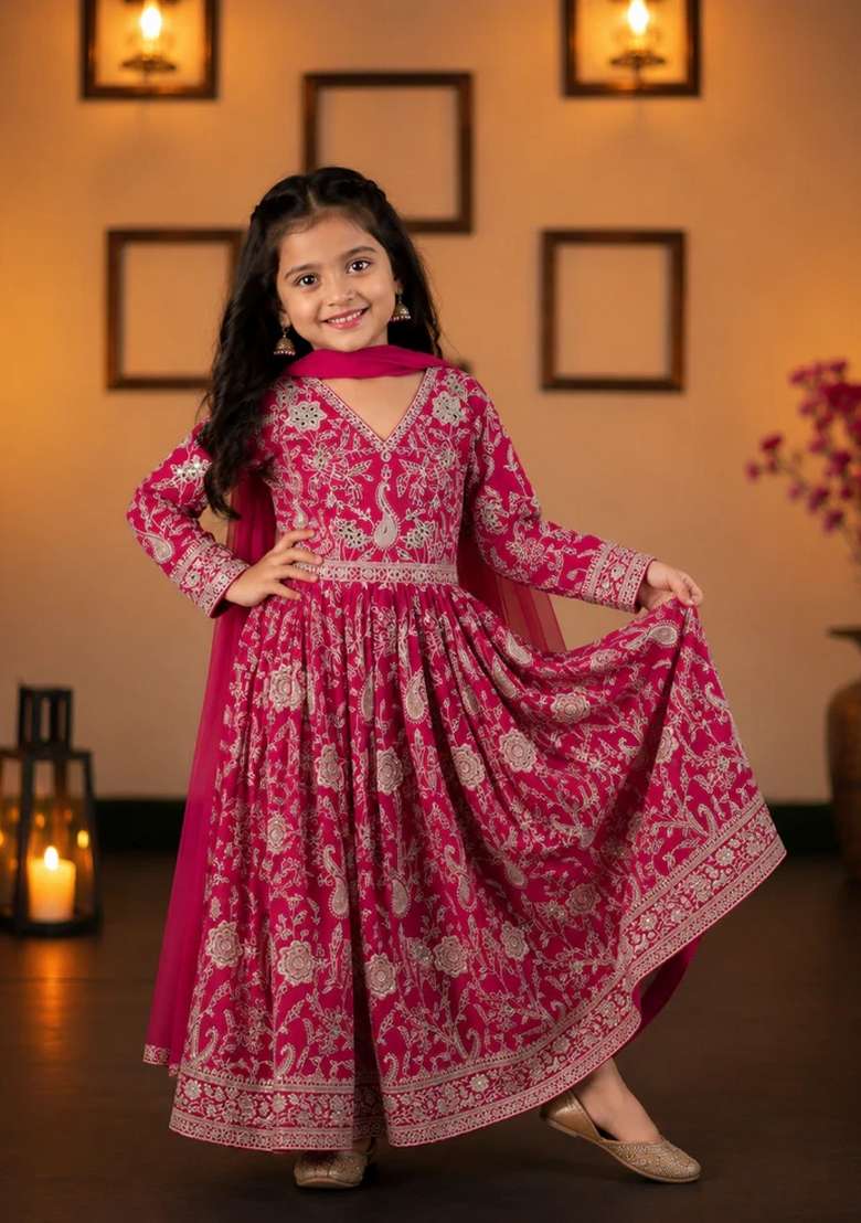 Pink Embroidered Georgette Sharara Set For Girls - Indya