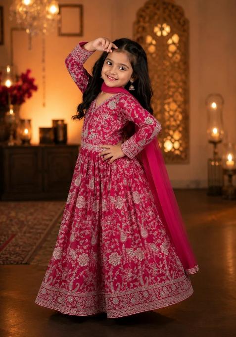 Pink Embroidered Georgette Sharara Set For Girls