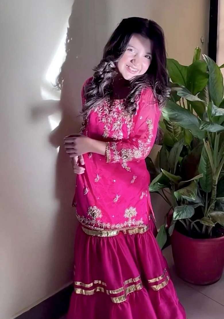 Pink Embroidered Chinon Sharara Set For Girls - Indya