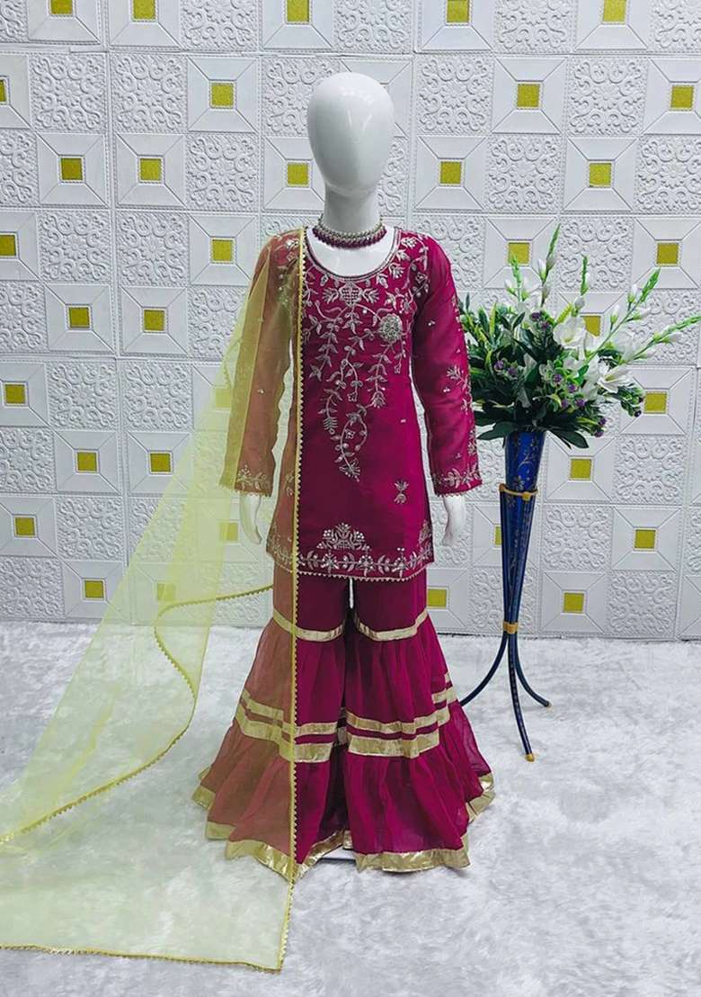 Pink Embroidered Chinon Sharara Set For Girls - Indya