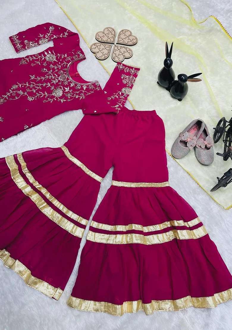 Pink Embroidered Chinon Sharara Set For Girls - Indya