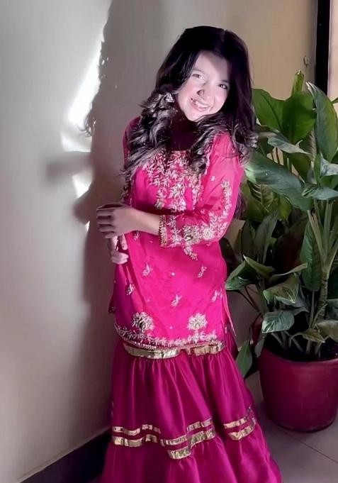 Pink Embroidered Chinon Sharara Set For Girls