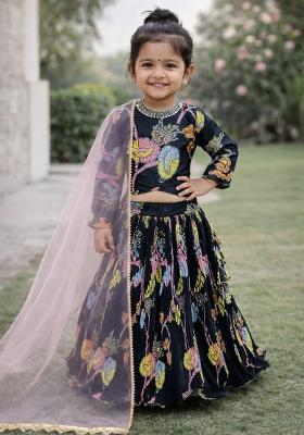 Black Printed Silk Sharara Set For Girls