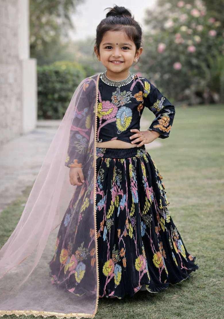 Black Printed Silk Sharara Set For Girls - Indya
