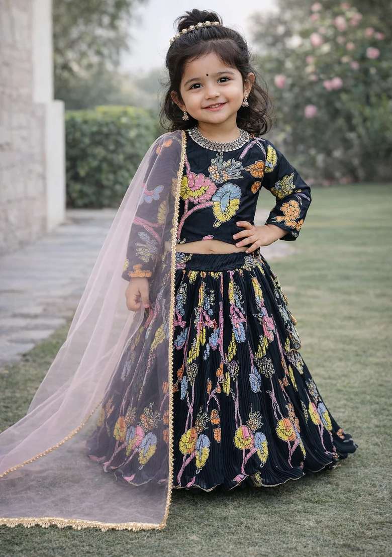 Black Printed Silk Sharara Set For Girls - Indya