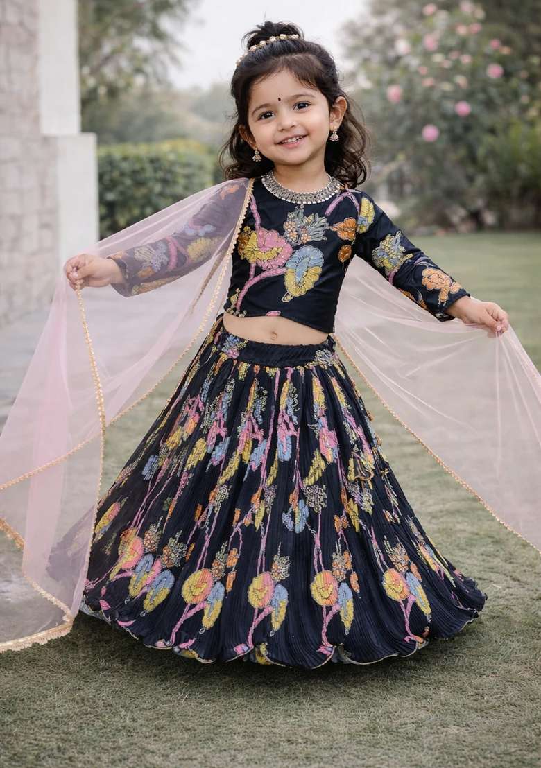 Black Printed Silk Sharara Set For Girls - Indya