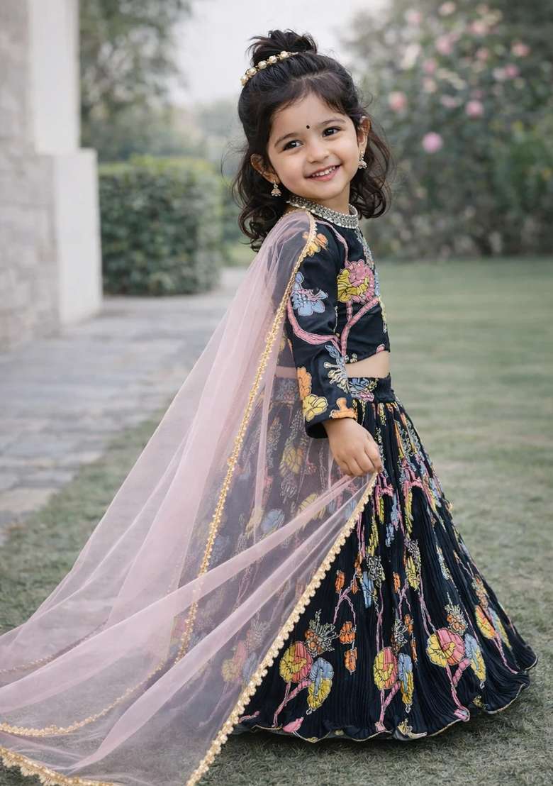 Black Printed Silk Sharara Set For Girls - Indya