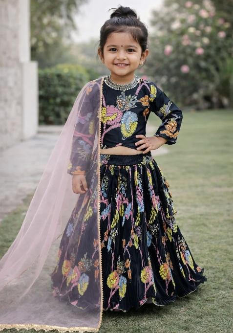 Black Printed Silk Sharara Set For Girls