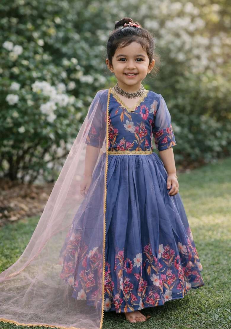 Multicolor Printed Silk Sharara Set For Girls - Indya