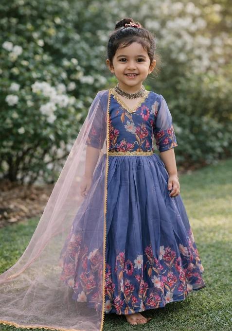 Multicolor Printed Silk Sharara Set For Girls