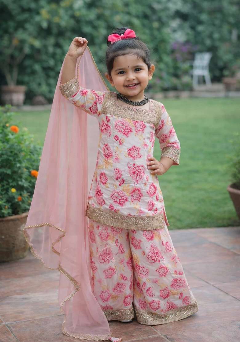 Multicolor Printed Chinon Sharara Set For Girls - Indya