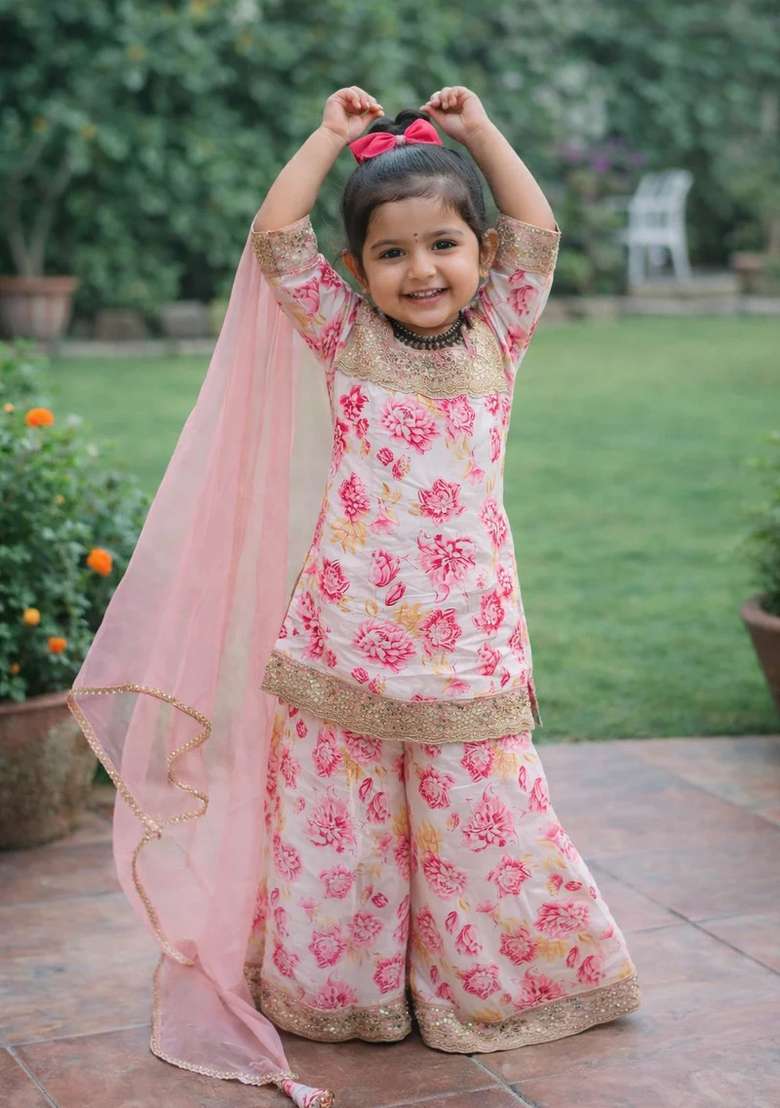 Multicolor Printed Chinon Sharara Set For Girls - Indya