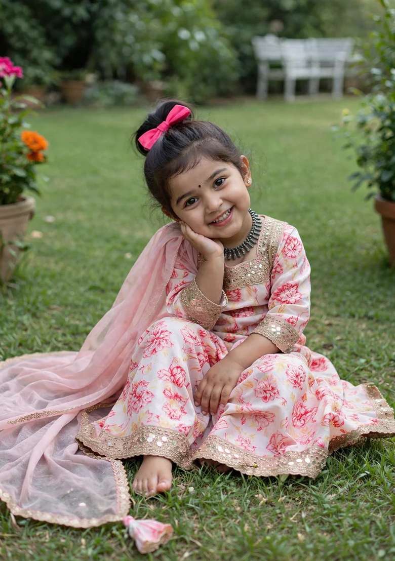 Multicolor Printed Chinon Sharara Set For Girls - Indya