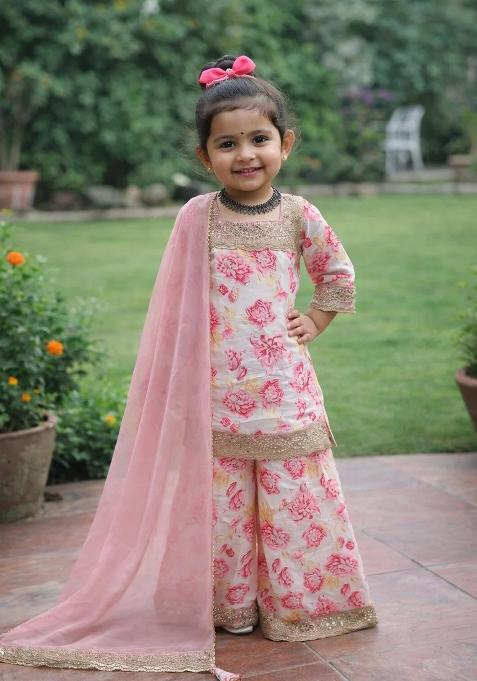 Multicolor Printed Chinon Sharara Set For Girls