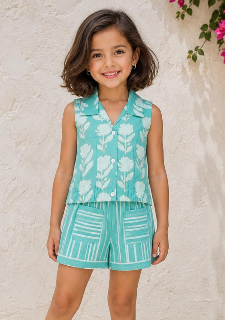 Turquoise Floral Print Cotton Co Ords Set For Girls - Indya