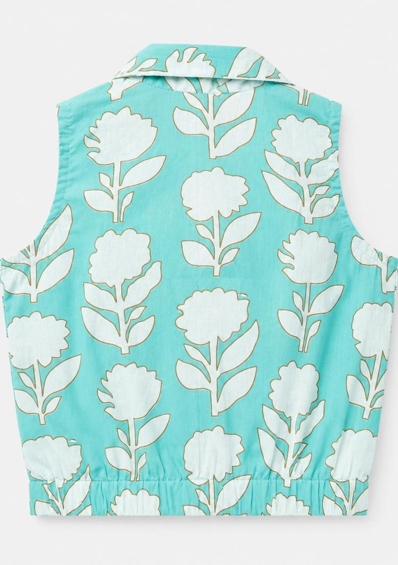 Turquoise Floral Print Cotton Co Ords Set For Girls - Indya