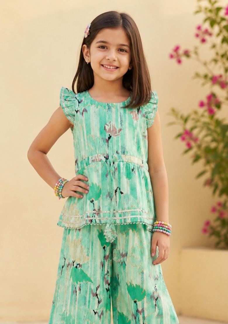 Sea Green Lace Cotton Co Ords Set For Girls - Indya