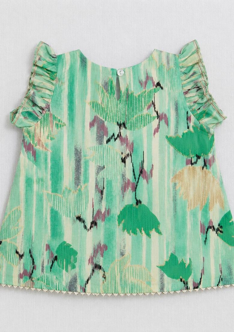 Sea Green Lace Cotton Co Ords Set For Girls - Indya