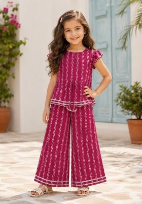Dark Pink Lace Cotton Co Ords Set For Girls