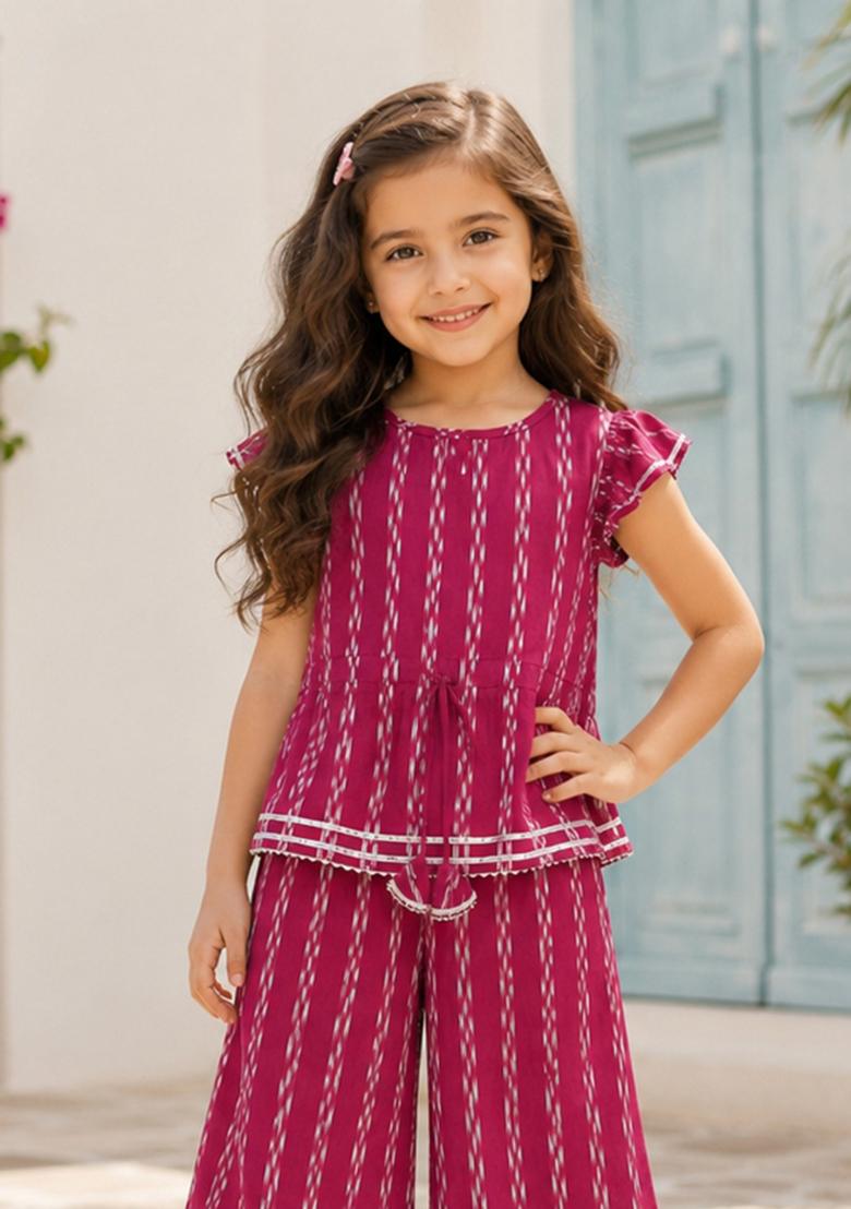 Dark Pink Lace Cotton Co Ords Set For Girls - Indya
