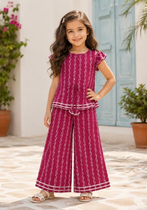 Dark Pink Lace Cotton Co Ords Set For Girls