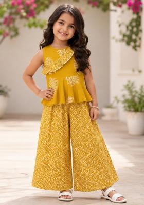 Yellow Floral Print Cotton Palazzo Set For Girls