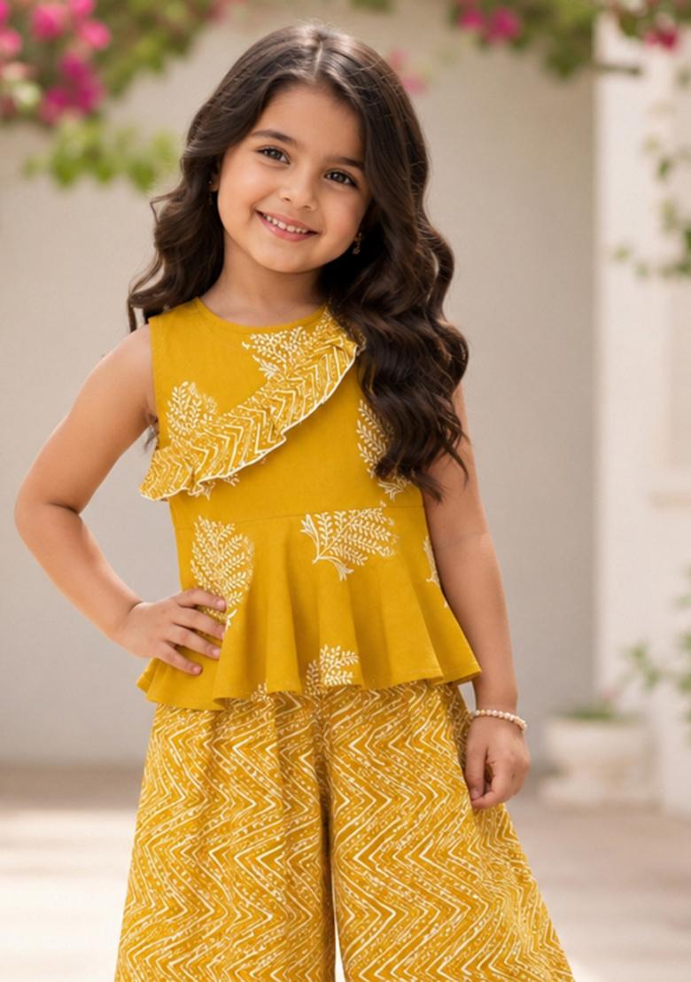 Yellow Floral Print Cotton Palazzo Set For Girls - Indya