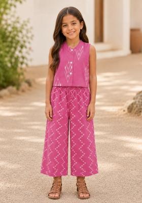 Pink Ikat Cotton Palazzo Set For Girls