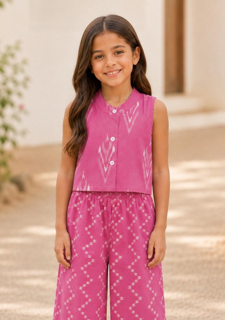 Pink Ikat Cotton Palazzo Set For Girls - Indya