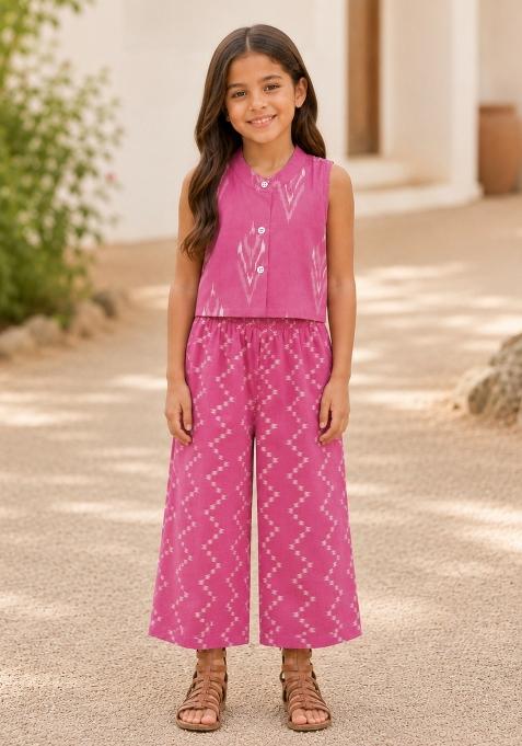 Pink Ikat Cotton Palazzo Set For Girls