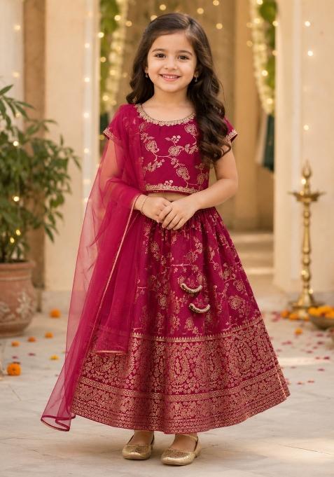 Fuchsia Lace Jacquard&nbsp; Lehenga Set For Girls