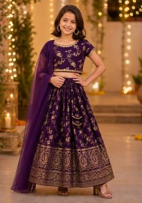 Purple Lace Jacquard&nbsp; Lehenga Set For Girls