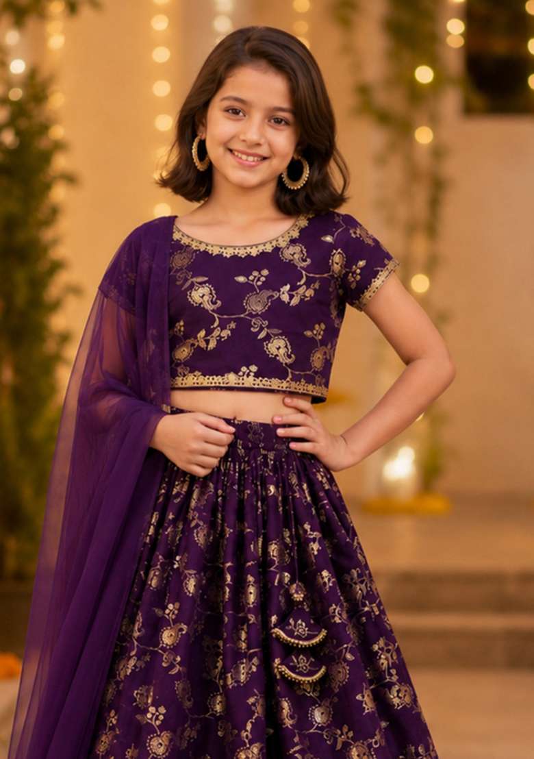 Purple Lace Jacquard&nbsp; Lehenga Set For Girls - Indya