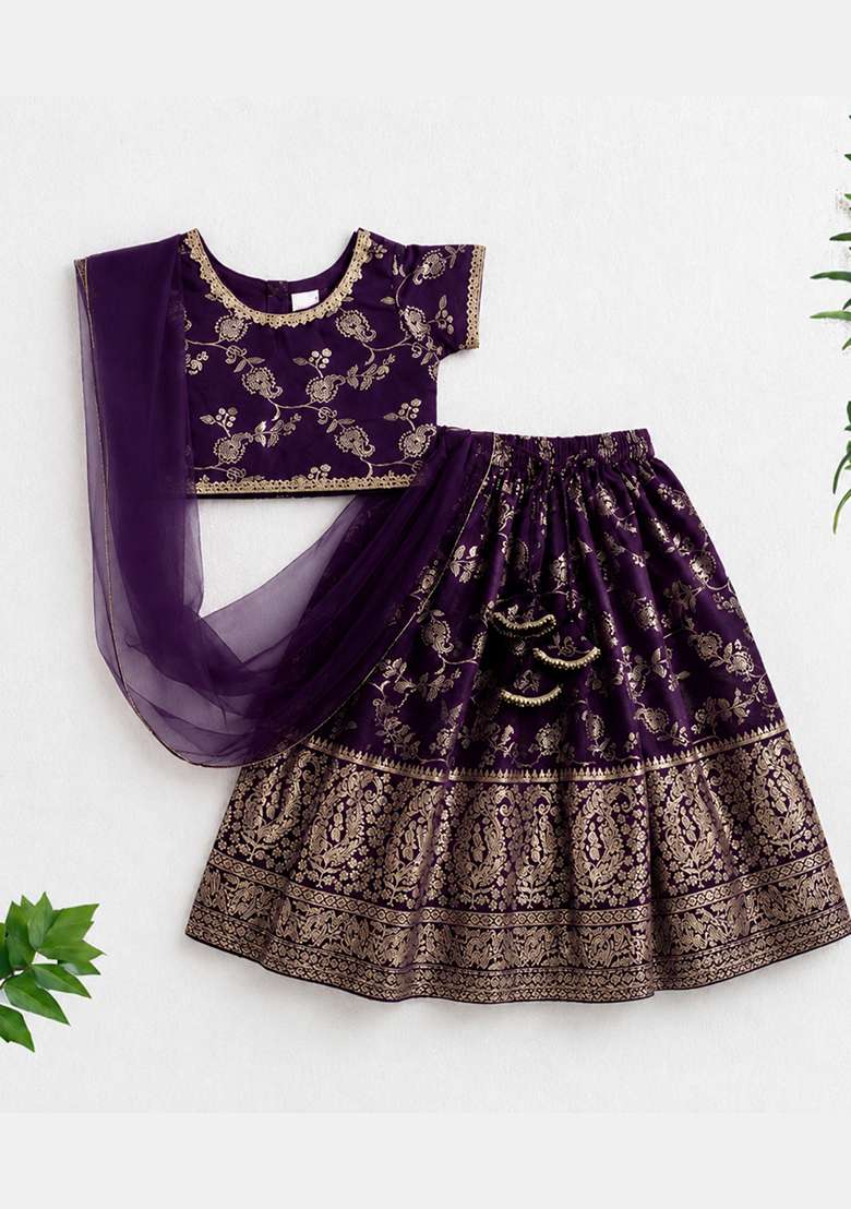 Purple Lace Jacquard&nbsp; Lehenga Set For Girls - Indya