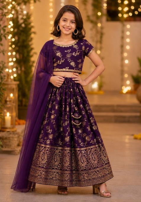 Purple Lace Jacquard&nbsp; Lehenga Set For Girls