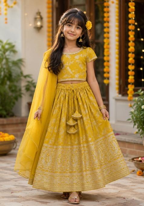 Yellow Lace Jacquard&nbsp; Lehenga Set For Girls