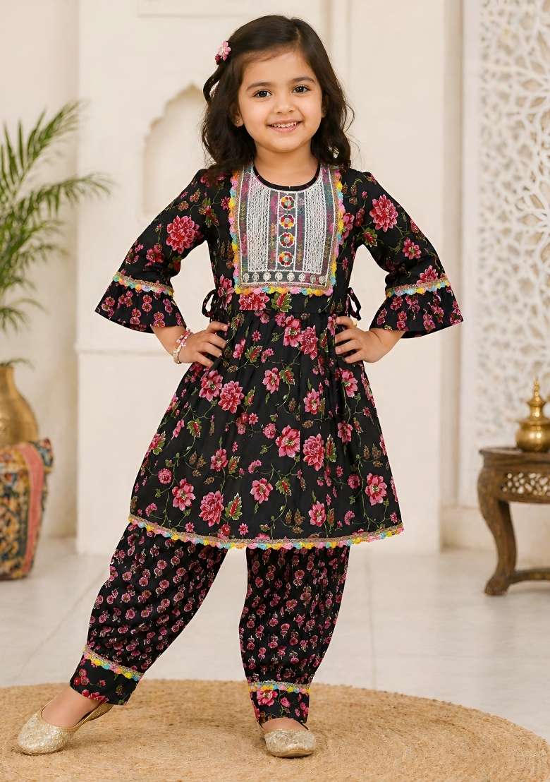 Black Printed Cotton Kurta Set For Girls - Indya