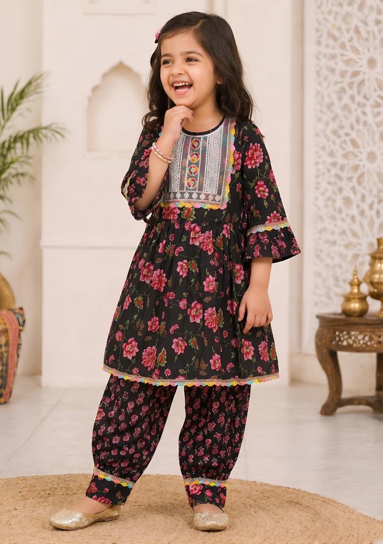 Black Printed Cotton Kurta Set For Girls - Indya