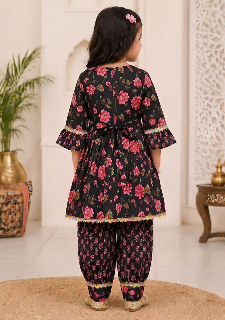 Black Printed Cotton Kurta Set For Girls - Indya