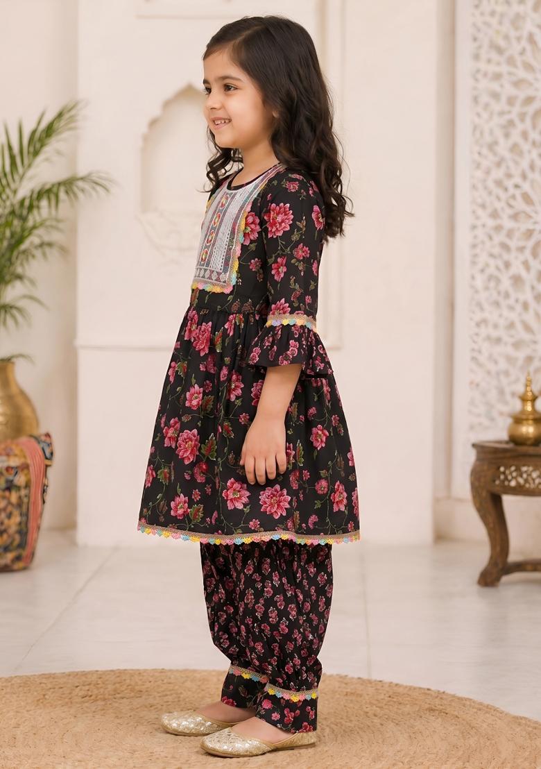 Black Printed Cotton Kurta Set For Girls - Indya